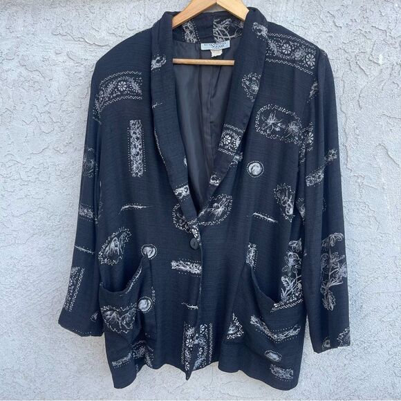 Vintage Black and White Patterned Blazer XL - Boho Cottagecore Layering Piece - Picture 1 of 7